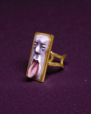 Purple Tongue Out Face Ring ā Handmade Clay & Resin Surreal Statement Jewelry with Adjustable Stainless Steel Band - SAMA