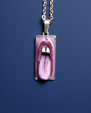 Purple Tongue Out Necklace ā Handmade Clay & Resin Surreal Statement Jewelry, Sculptural Fantasy Wearable Art with Stainless Steel Chain / Pendant - SAMA
