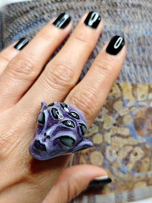Purple Unknown Creature with Many Eyes Ring β Handmade Clay & Resin Surreal Statement Jewelry, Sculptural Fantasy Wearable Art with Sterling