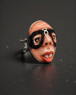 Rapper Face Ring β Handmade Clay & Resin Surreal Statement Jewelry, Sculptural Character Wearable Art with Adjustable Stainless Steel Band - SAMA