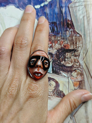 Rapper Face Ring β Handmade Clay & Resin Surreal Statement Jewelry, Sculptural Character Wearable Art with Adjustable Stainless Steel Band - SAMA