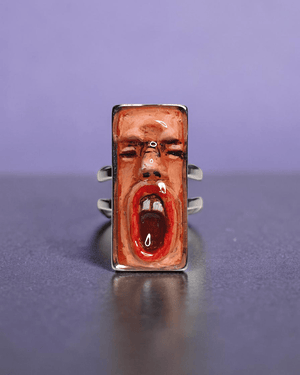 Shouting Face Ring ā Handmade Clay & Resin Expressionist Statement Jewelry with Adjustable Stainless Steel Band - SAMA
