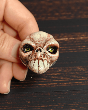 Skull Ring ā Handmade Clay & Resin Surreal Statement Jewelry with Adjustable Stainless Steel Band OOAK - SAMA