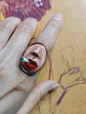 Smoking Cigar Ring β Handmade Clay & Resin Surreal Statement Jewelry, Sculptural Wearable Art with Adjustable Stainless Steel Band - SAMA