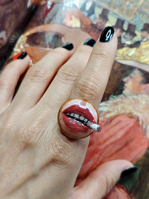 Smoking Cigar Ring β Handmade Clay & Resin Surreal Statement Jewelry, Sculptural Wearable Art with Adjustable Stainless Steel Band
