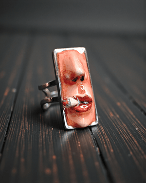 Smoking Cigar Ring β Handmade Clay & Resin Surreal Statement Jewelry with Adjustable Stainless Steel Band - SAMA