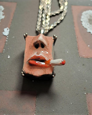 Smoking Necklace β Handmade Clay & Resin Surreal Statement Jewelry, Sculptural Wearable Art with Sterling Silver S925 Pendant / Chain