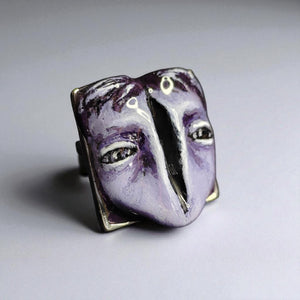 Split Face Glow Ring β Handmade Clay Statement Jewelry with Glowing Gap, Surreal Wearable Art on Adjustable Stainless Steel Band OOAK