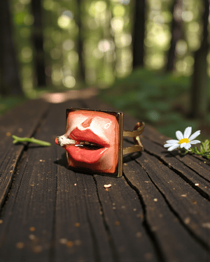 Square Smoking Cigar Ring β Handmade Clay & Resin Surreal Statement Jewelry with Adjustable Stainless Steel Band - SAMA