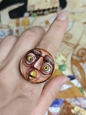 Surprised Owl Ring ā Handmade Clay & Resin Surreal Statement Jewelry, Sculptural Fantasy Wearable Art with Adjustable Stainless Steel Band - SAMA