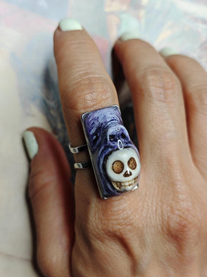 Surreal Statement Ring β Handmade Clay & Resin Wearable Art, Dark Fantasy Sculptural Jewelry on Adjustable Stainless Steel Band OOAK