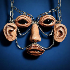 The Observer Necklace β Handmade Clay & Resin Surreal Statement Jewelry, Sculptural Full-Face Stainless Steel Wearable Art OOAK