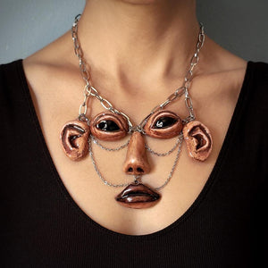 The Observer Necklace β Handmade Clay & Resin Surreal Statement Jewelry, Sculptural Full-Face Stainless Steel Wearable Art OOAK