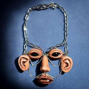 The Observer Necklace β Handmade Clay & Resin Surreal Statement Jewelry, Sculptural Full-Face Stainless Steel Wearable Art OOAK