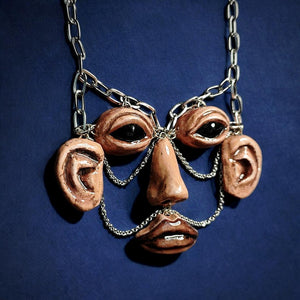 The Observer Necklace β Handmade Clay & Resin Surreal Statement Jewelry, Sculptural Full-Face Stainless Steel Wearable Art OOAK