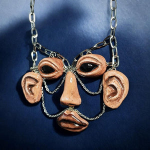 The Observer Necklace β Handmade Clay & Resin Surreal Statement Jewelry, Sculptural Full-Face Stainless Steel Wearable Art OOAK