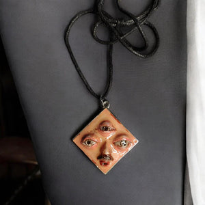 Third Eye Man Necklace β Handmade Clay & Resin Surreal Statement Jewelry, Sculptural Mystical Wearable Art OOAK