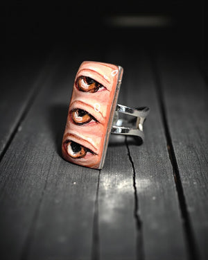Three Eyes Ring β Handmade Clay & Resin Surreal Statement Jewelry, Sculptural Fantasy Wearable Art with Adjustable Stainless Steel Band