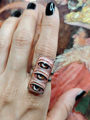 Three Eyes Ring β Handmade Clay & Resin Surreal Statement Jewelry, Sculptural Fantasy Wearable Art with Adjustable Stainless Steel Band