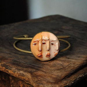 Three Faces Bracelet β Handmade Clay & Resin Surreal Statement Jewelry, Sculptural Fantasy Wearable Art with Adjustable Copper Band OOAK
