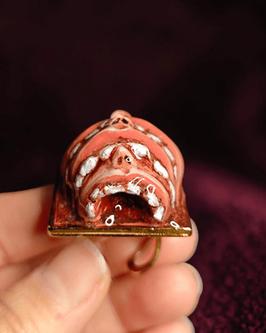 Three Faces Eating Each Other Ring ā Handmade Clay & Resin Surreal Statement Jewelry with Adjustable Stainless Steel Band - SAMA
