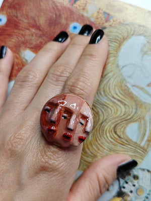 Three Faces Half Ring β Handmade Clay & Resin Surreal Statement Jewelry, Sculptural Fantasy Wearable Art with Adjustable Stainless Steel Ban