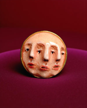 Three Faces Ring β Handmade Clay & Resin Surreal Statement Jewelry, Sculptural Fantasy Wearable Art with Adjustable Stainless Steel Band