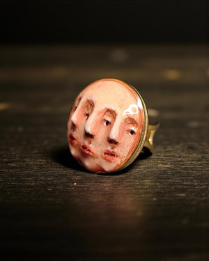 Three Faces Ring β Handmade Clay & Resin Surreal Statement Jewelry, Sculptural Fantasy Wearable Art with Adjustable Stainless Steel Band