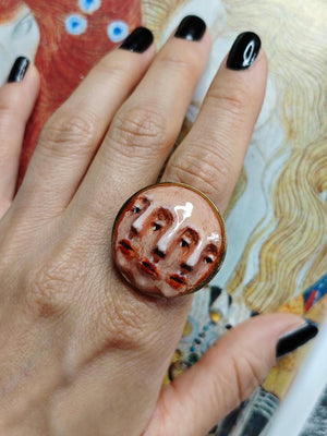 Three Faces Ring β Handmade Clay & Resin Surreal Statement Jewelry, Sculptural Fantasy Wearable Art with Adjustable Stainless Steel Band