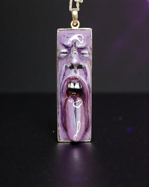 Tongue Out Face Necklace β Handmade Clay & Resin Surreal Statement Jewelry, Purple Sculptural Wearable Art with Sterling Silver S925 Pendant