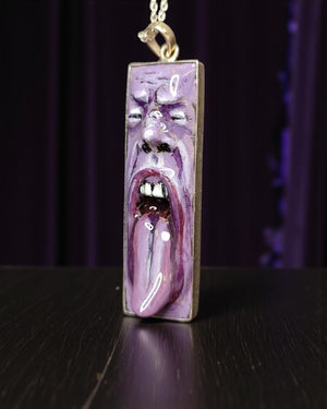 Tongue Out Face Necklace β Handmade Clay & Resin Surreal Statement Jewelry, Purple Sculptural Wearable Art with Sterling Silver S925 Pendant