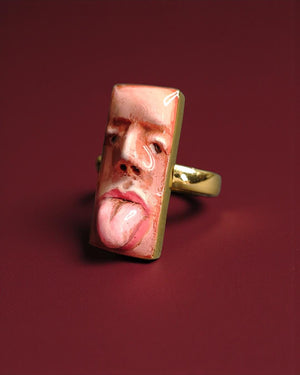Tongue Out Face Ring β Handmade Clay & Resin Surreal Statement Jewelry, Sculptural Wearable Art with Sterling Silver S925 Band