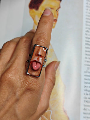 Tongue Out Ring ā Handmade Clay & Resin Surreal Statement Jewelry, Sculptural Fantasy Wearable Art with Adjustable Stainless Steel Band - SAMA
