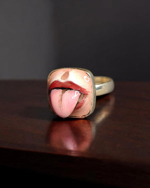 Tongue Out Ring β Handmade Clay & Resin Surreal Statement Jewelry, Sculptural Fantasy Wearable Art with Sterling Silver S925 Band