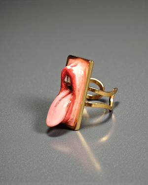 Tongue Out Ring ā Handmade Clay & Resin Surreal Statement Jewelry with Adjustable Stainless Steel Band - SAMA