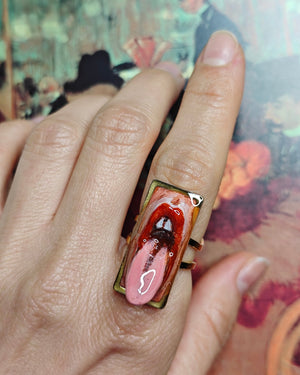Tongue Out Ring ā Handmade Clay & Resin Surreal Statement Jewelry with Adjustable Stainless Steel Band - SAMA