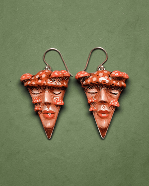 Triangle Earrings with Mushroom Sprouting from Face ā Handmade Clay & Resin Surreal Statement Jewelry, Sculptural Wearable Art with Sterling Silver S925 Hooks - SAMA