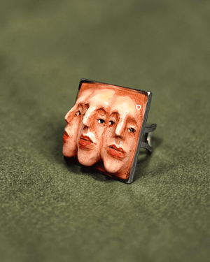 Triple Face Ring ā Handmade Clay & Resin Surreal Statement Jewelry with Adjustable Stainless Steel Band - SAMA