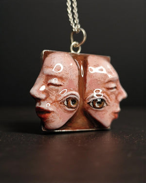 Two Faces Back-to-Back Necklace β Handmade Clay & Resin Surreal Statement Jewelry, Sculptural Wearable Art with Sterling Silver S925 Chain /