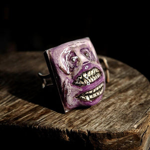 Two Mouths Monster Ring β Handmade Clay & Resin Dark Surreal Statement Jewelry, Sculptural Fantasy Wearable Art on Stainless Steel Band OOAK
