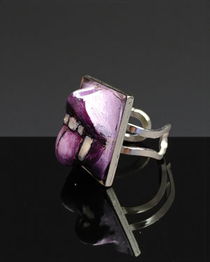 Vampire Tongue Out Purple Ring β Handmade Clay & Resin Dark Surreal Statement Jewelry, Sculptural Fantasy Wearable Art with Adjustable Stain