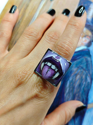 Vampire Tongue Out Purple Ring β Handmade Clay & Resin Dark Surreal Statement Jewelry, Sculptural Fantasy Wearable Art with Adjustable Stain