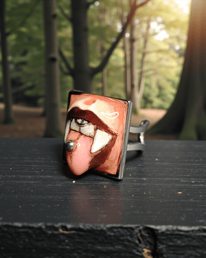 Vampire Tongue Out Ring ā Handmade Clay & Resin Surreal Statement Jewelry with Adjustable Stainless Steel Band - SAMA