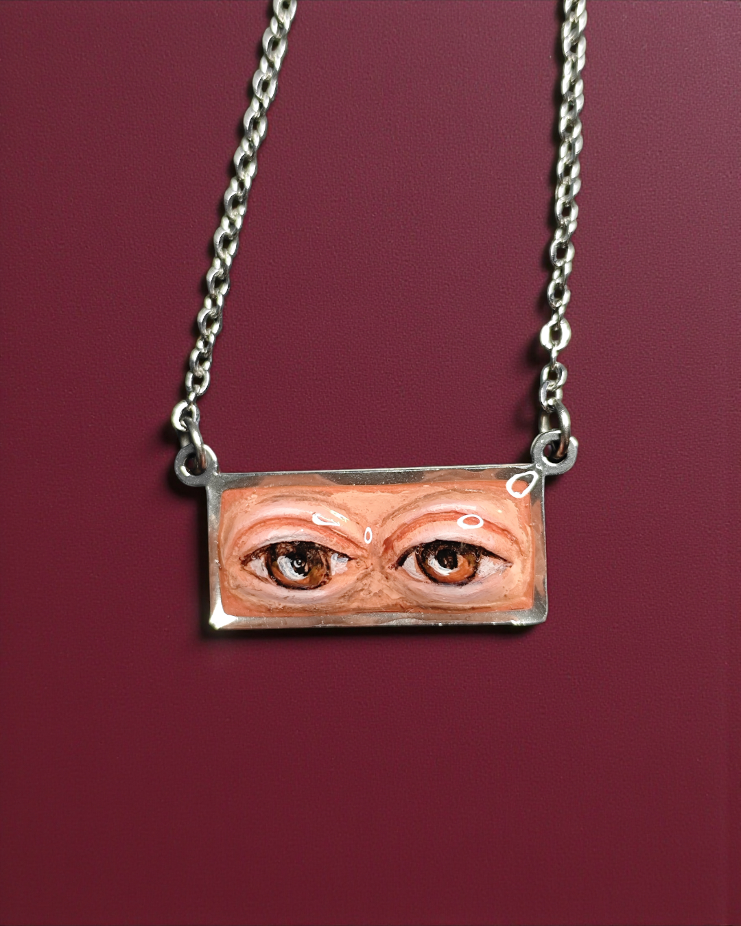 Two Eyes Watching Necklace – Handmade Clay & Resin Surreal Statement Jewelry, Sculptural Fantasy Wearable Art with Stainless Steel Chain / Pendant