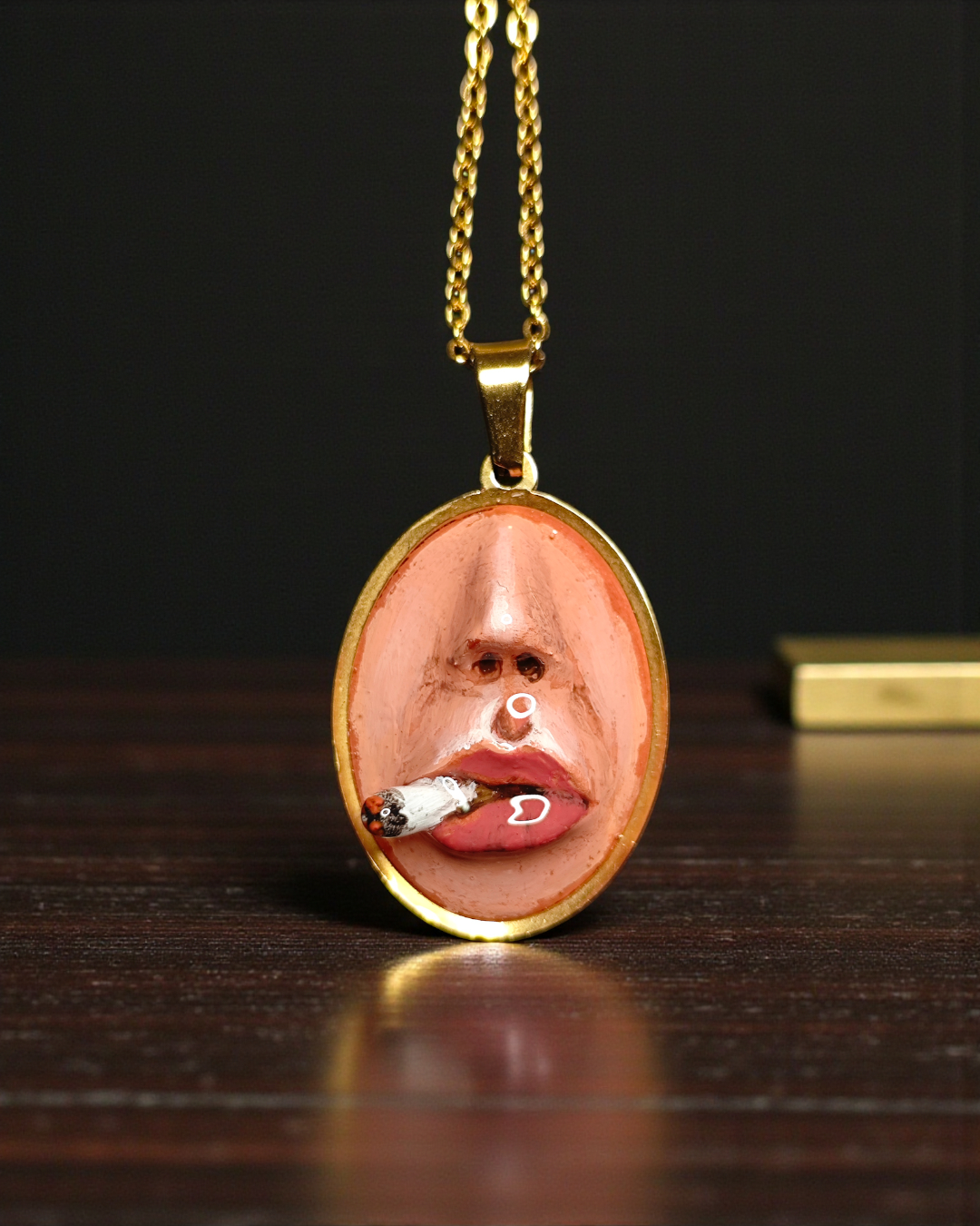 Smoking Cigar Necklace – Handmade Clay & Resin Surreal Statement Jewelry, Sculptural Wearable Art with Stainless Steel Chain / Pendant