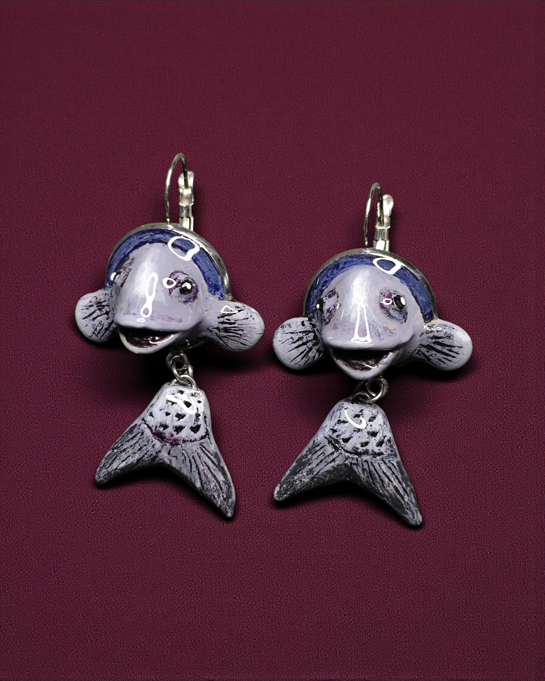 Purple Fishes Earrings – Handmade Clay & Resin Surreal Statement Jewelry, Sculptural Fantasy Wearable Art with Stainless Steel Hooks
