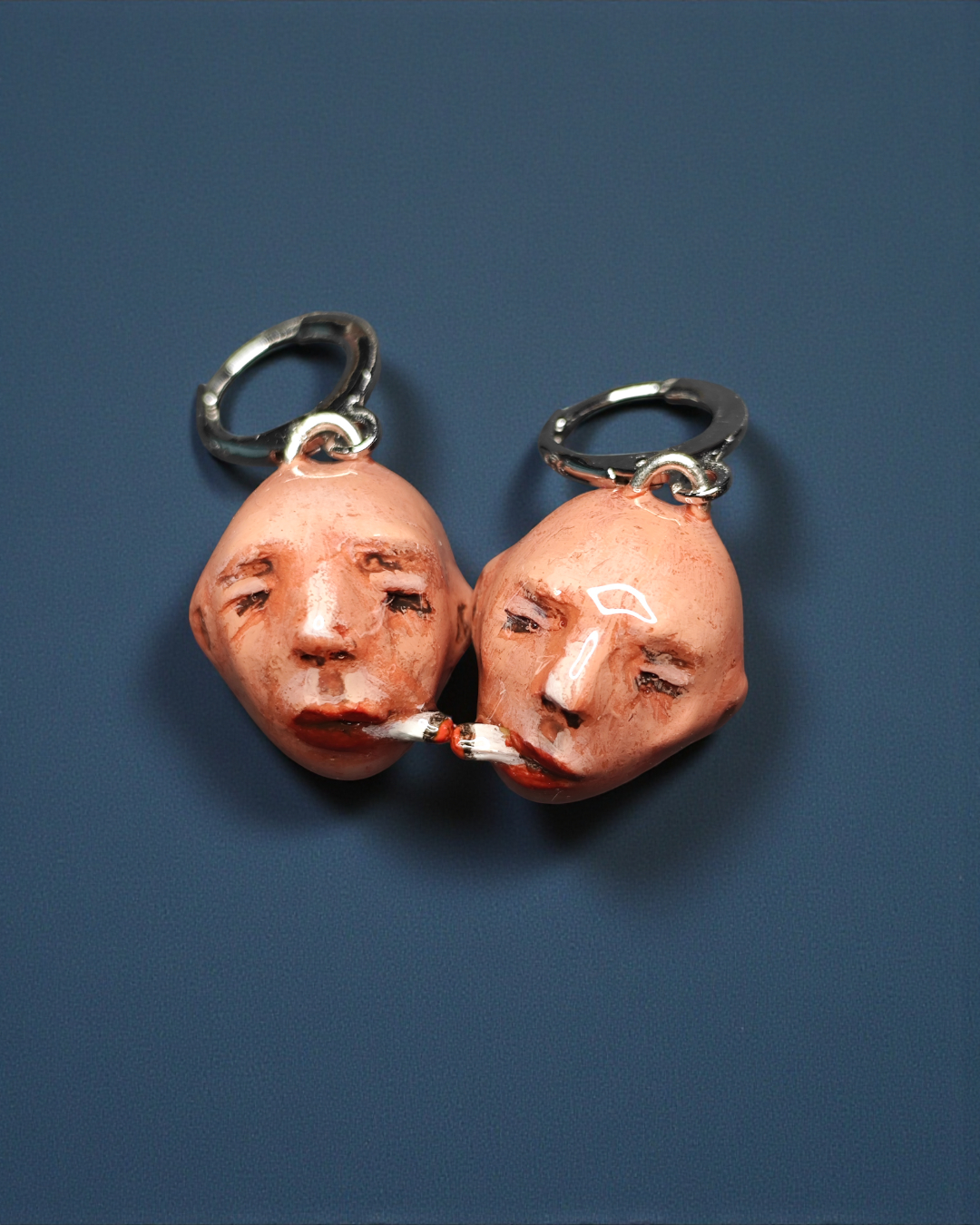 Twins Smoking Cigar Earrings – Handmade Clay & Resin Surreal Statement Jewelry, Sculptural Fantasy Wearable Art with Sterling Silver S925 Hooks