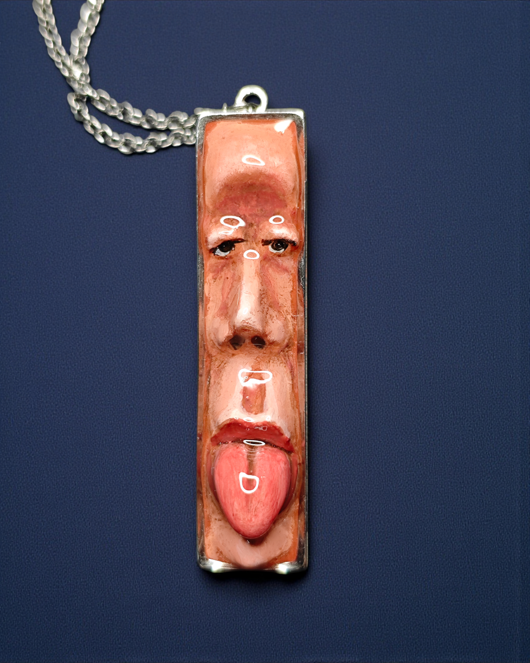 Tongue Out Necklace – Handmade Clay & Resin Surreal Statement Jewelry, Sculptural Fantasy Wearable Art with Stainless Steel Chain / Pendant
