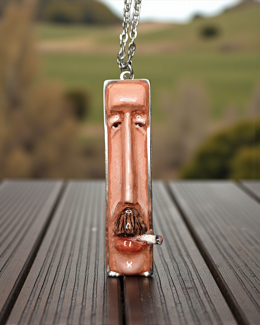 Man Smoking Cigar Necklace – Handmade Clay & Resin Surreal Statement Jewelry, Sculptural Fantasy Wearable Art with Stainless Steel Chain / Pendant