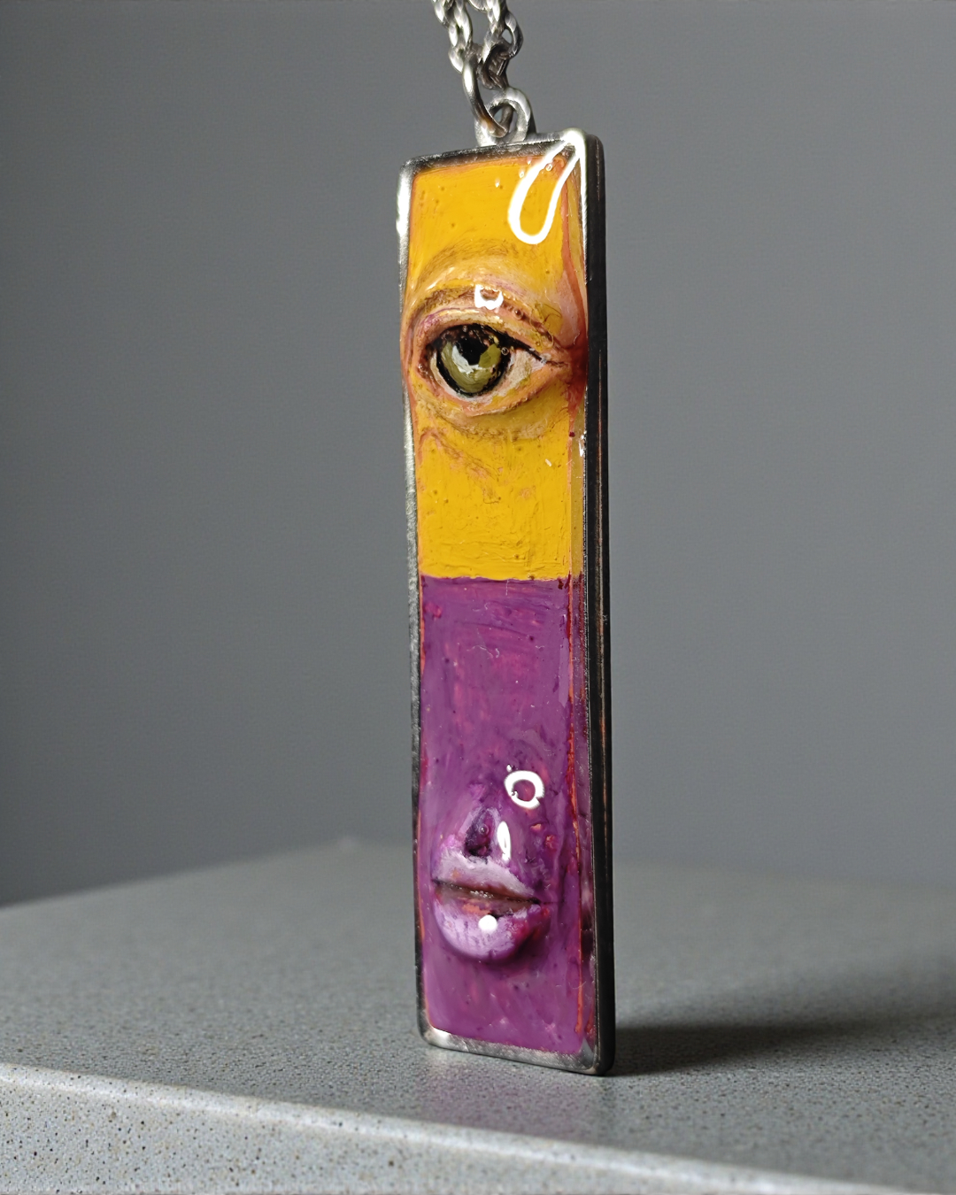Half Yellow Half Purple One-Eye Necklace – Handmade Clay & Resin Surreal Statement Jewelry, Sculptural Fantasy Wearable Art with Stainless Steel Chain / Pendant